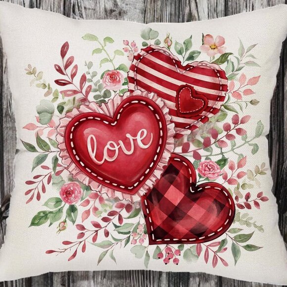 Valentines Day Throw Pillow Cover Decorative Accent Case Floral Heart Decor 20" - Picture 1 of 5